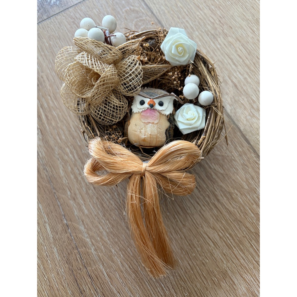 Vintage Miniature Owl Bird Nest Decor White Roses Raffia Bow Rustic Woodland